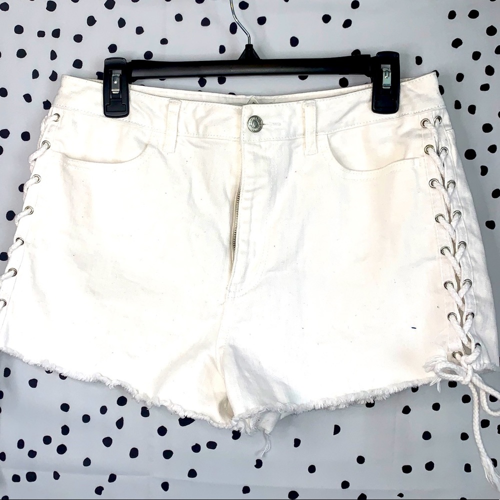 Lace Up White Denim Shorts